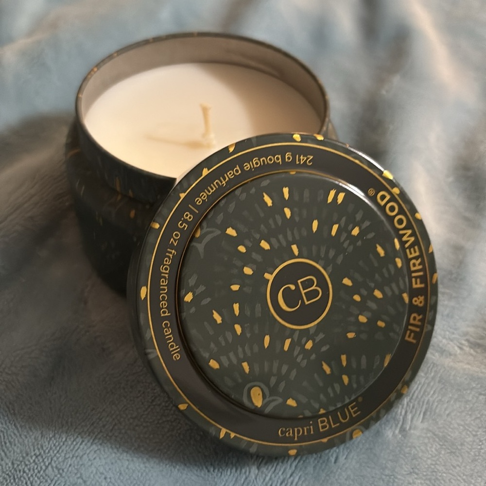New Capri Blue Fir and Firewood Tin Candle